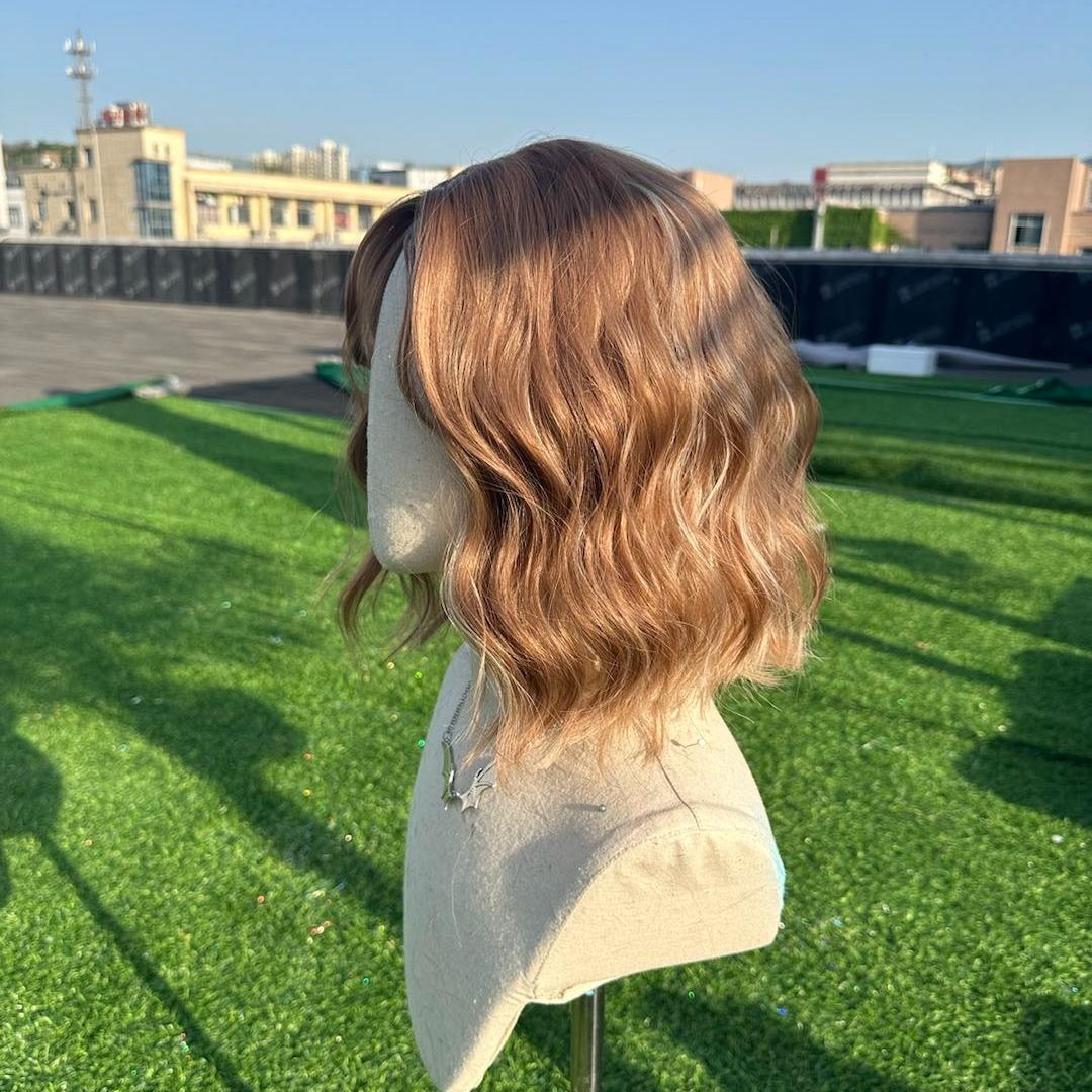 Riley-Wigked Nano Lace 14 Inches Low Density Brown Sugar Brown with Vanilla Blonde Highlights, Water Wave Short Bob, Middle Part with Baby Hairs.