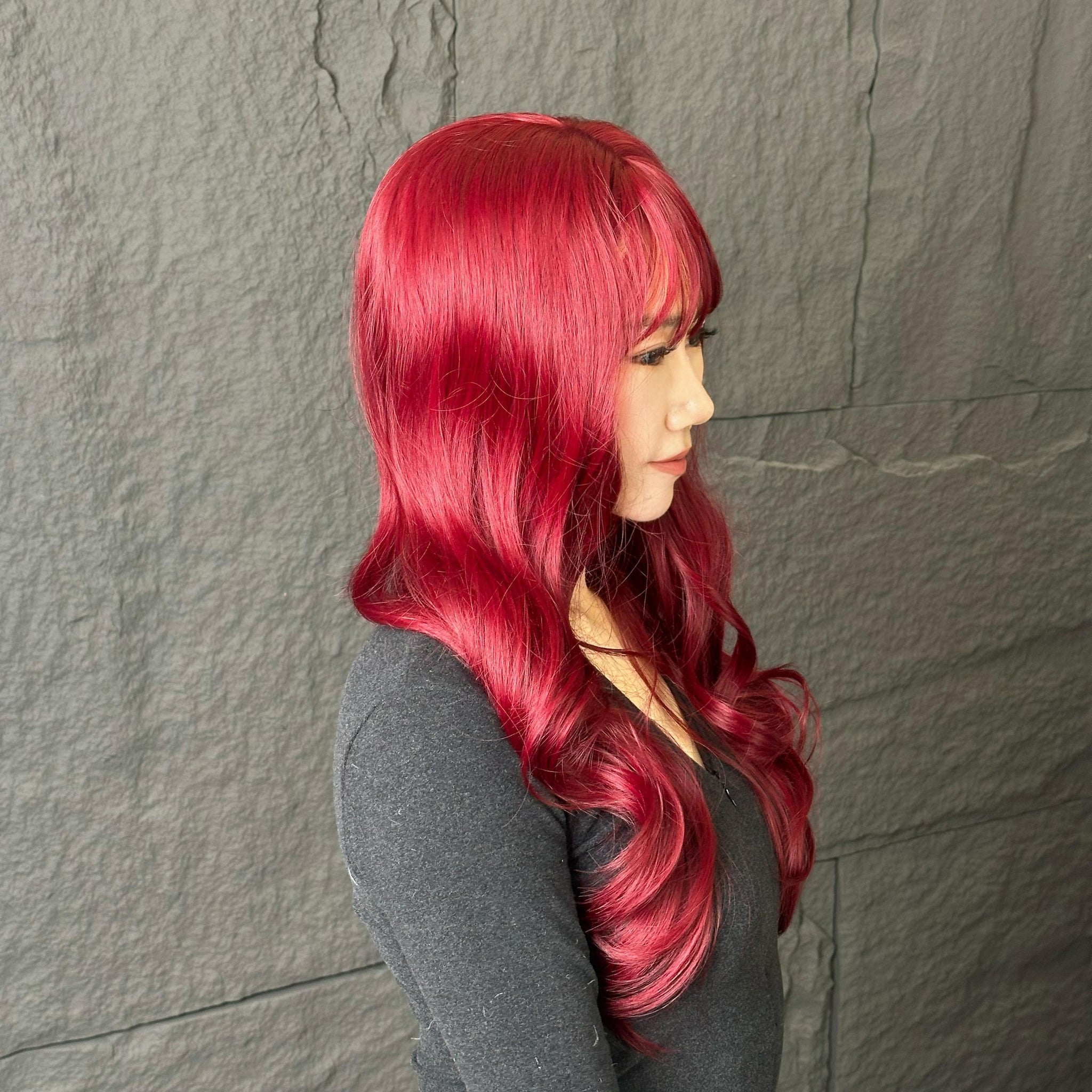 【Siren】24 Inch Red Wine Color Long Body Wavy Synthetic HairWigs, With Straight Bangs, for Daily, Party or Cosplay Use, Adjustable&Glueluess, USA Stocked