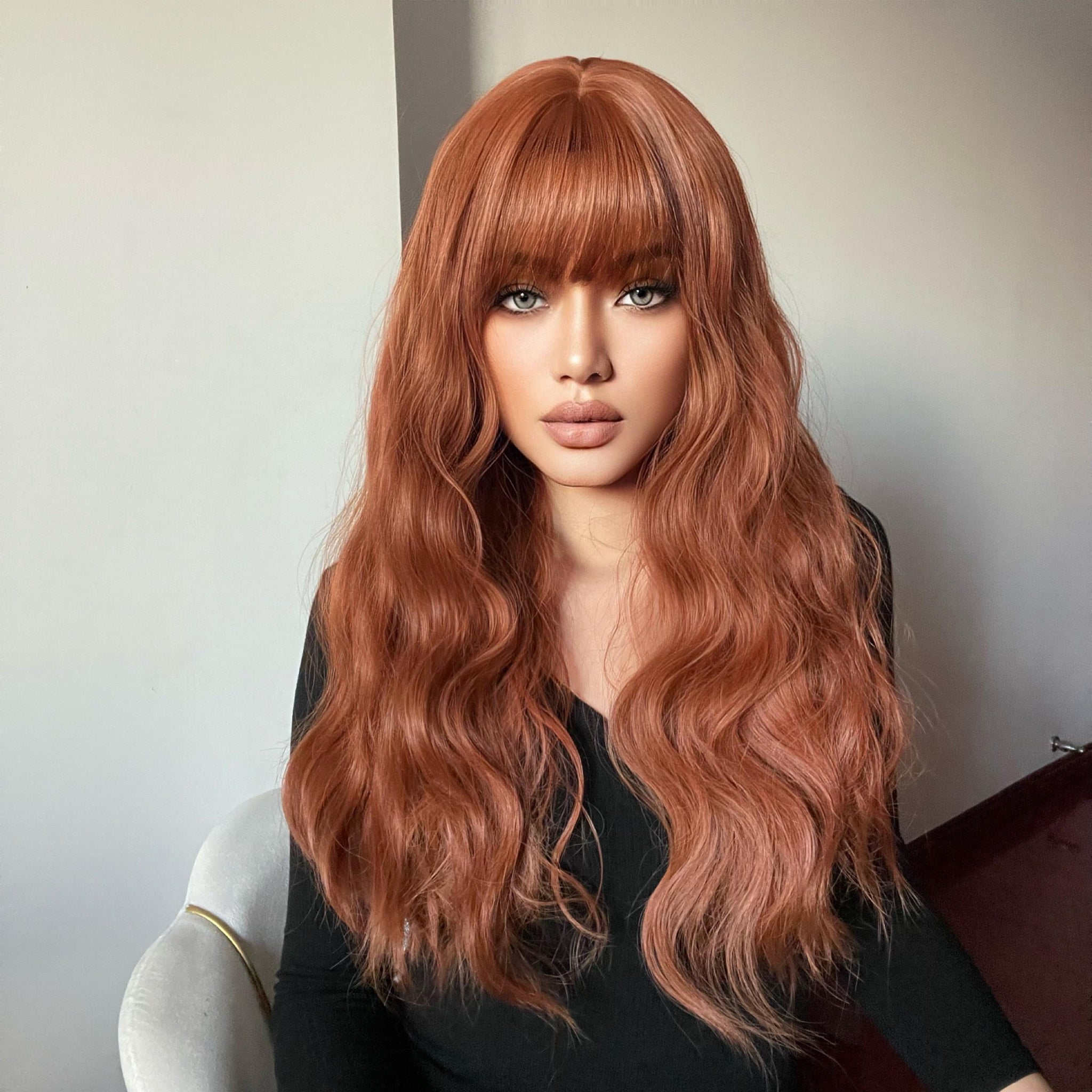 【Amber】26 Inch Copper Long Curly Synthetic HairWigs, With Bangs, for Daily, Party or Cosplay Use, Adjustable&Glueluess, USA Stocked