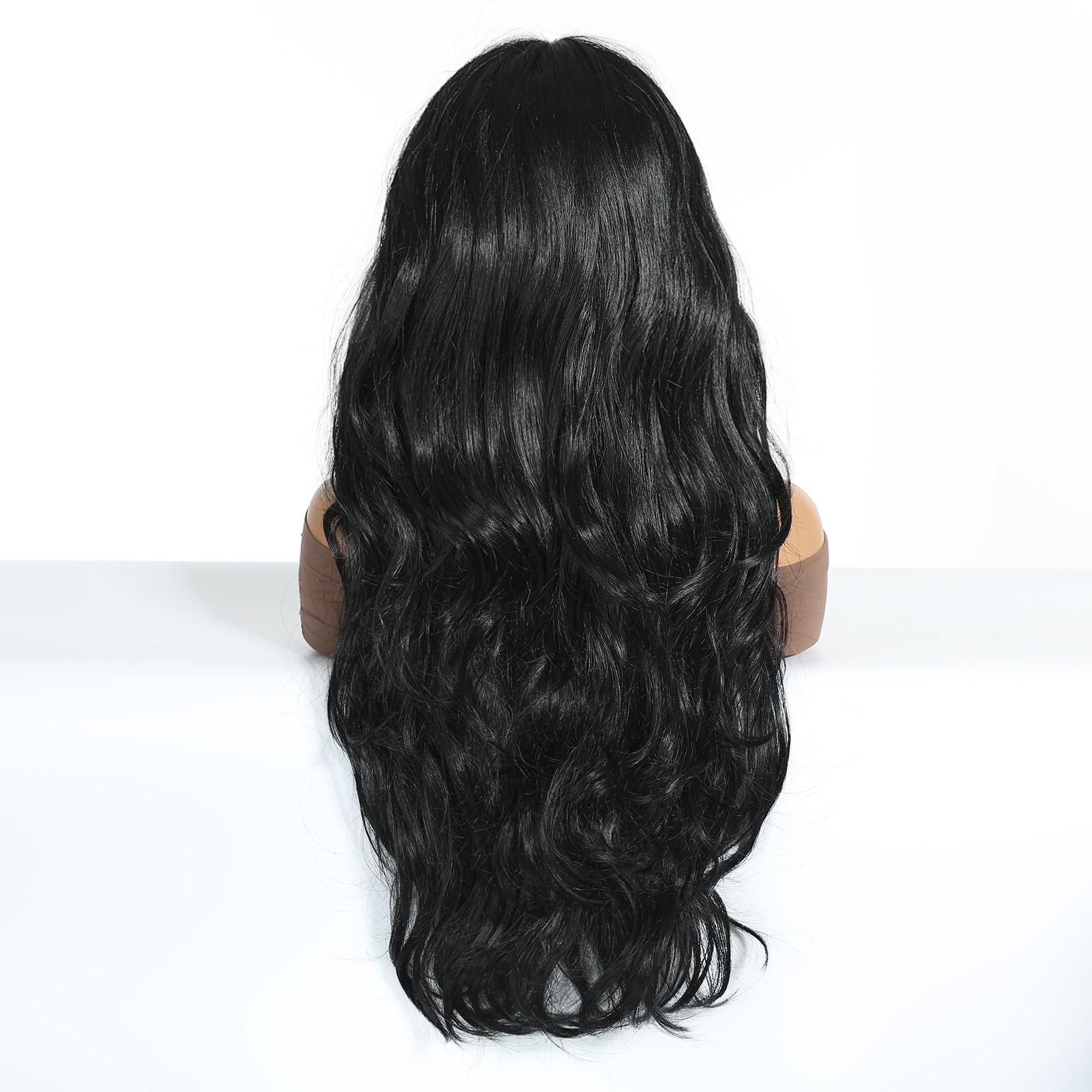 【Ashton】28 Inch Jet Black Long Curly Synthetic HairWigs, With Blonde Bangs, for Daily, Party or Cosplay Use, Adjustable&Glueluess, USA Stocked