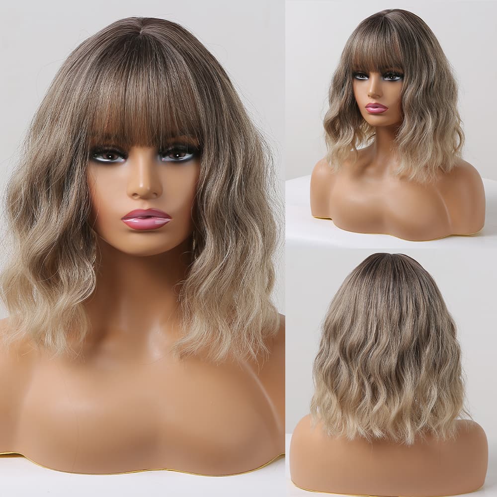 【Laurie】14 Inch Sandy Blonde Balayage Curly Long Bob Synthetic HairWigs, With Bangs and Dark Roots, for Daily, Party or Cosplay Use, Adjustable&Glueluess, USA Stocked