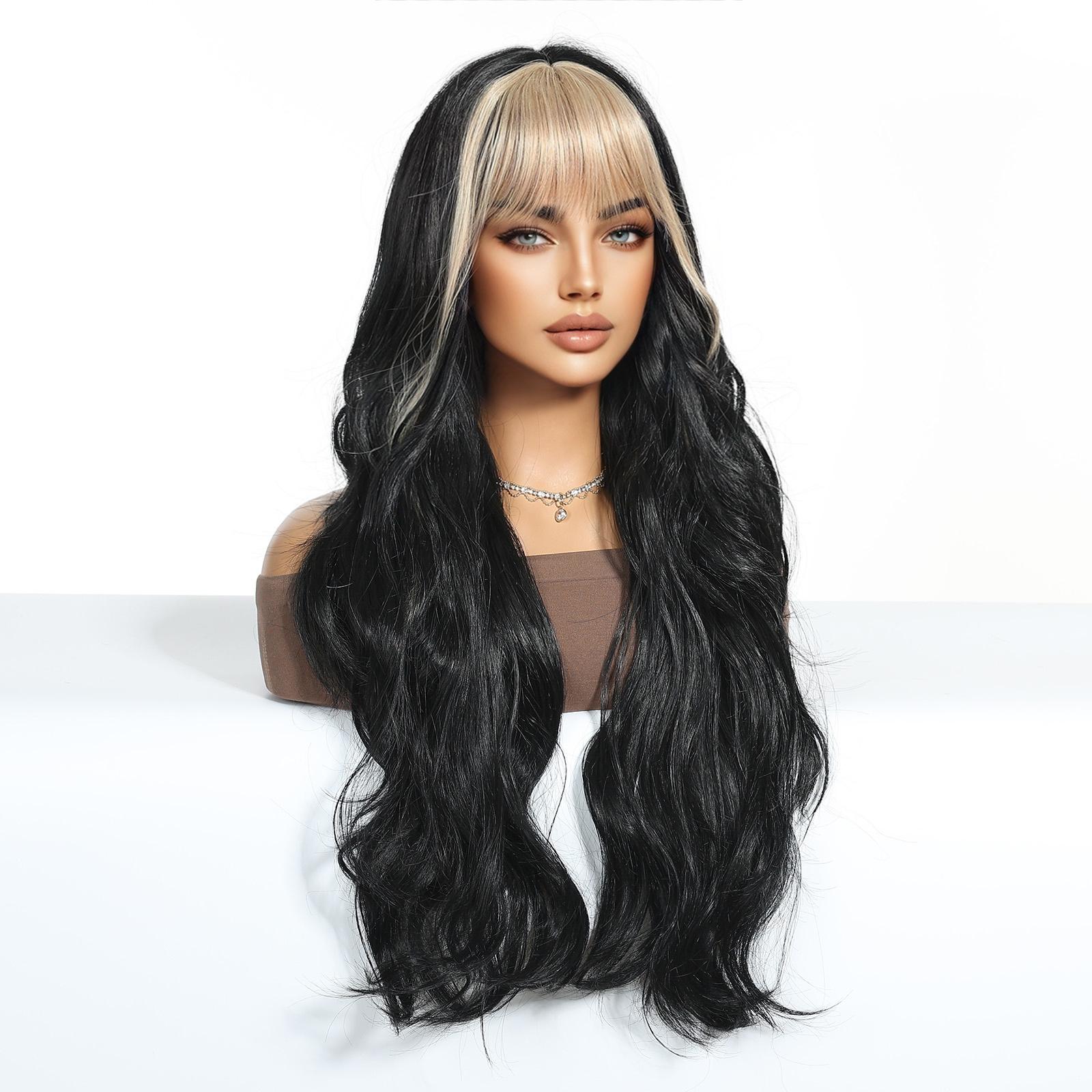 【Ashton】28 Inch Jet Black Long Curly Synthetic HairWigs, With Blonde Bangs, for Daily, Party or Cosplay Use, Adjustable&Glueluess, USA Stocked