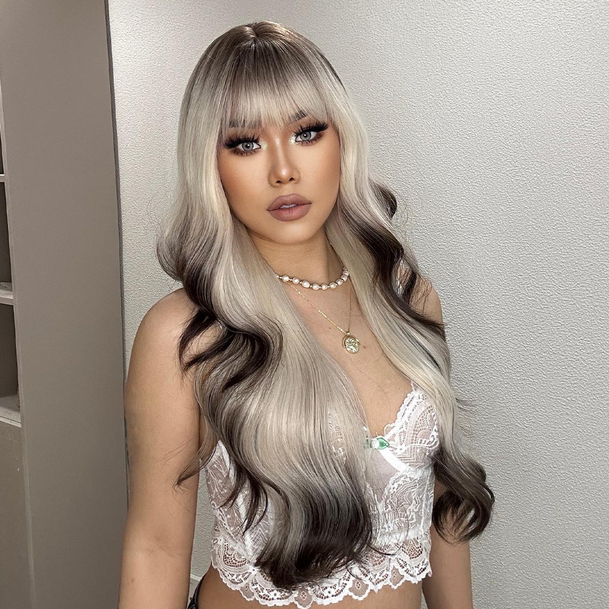 【Roxy】26 Inch Reverse Ombre Platinum Blonde to Black Long Body Wave Curly Synthetic HairWigs, With Straight Bangs and Dark Roots, for Daily, Party or Cosplay Use, Adjustable&Glueluess, USA Stocked