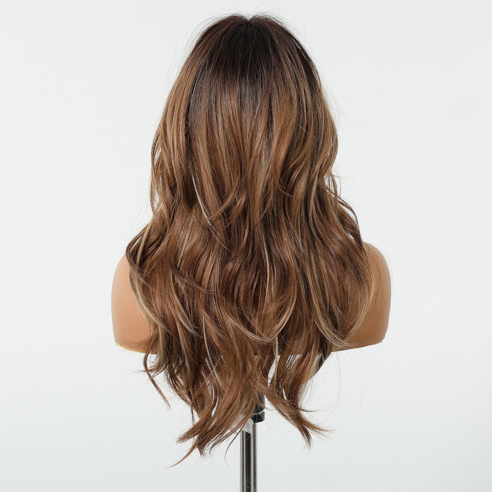 【Madden】18 Inch Low Density Hazel Brown with Icy Blonde Highlights Long Curly Synthetic HairWigs, With Curtain Bangs and Dark Roots, for Daily, Party or Cosplay Use, Adjustable&Glueluess, USA Stocked