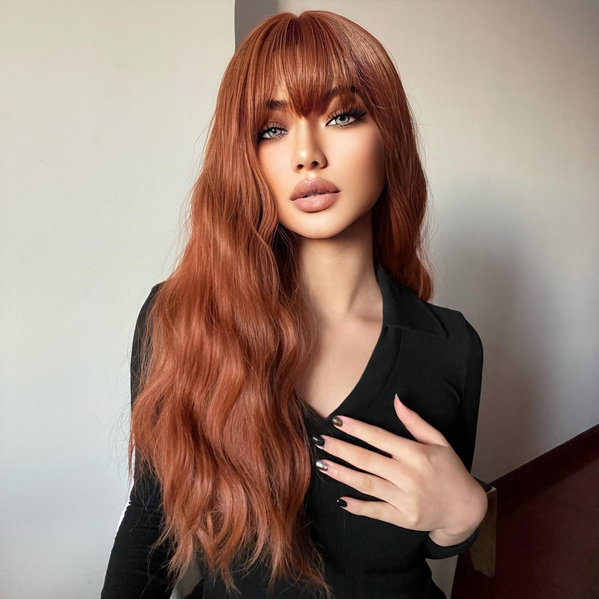 【Amber】26 Inch Copper Long Curly Synthetic HairWigs, With Bangs, for Daily, Party or Cosplay Use, Adjustable&Glueluess, USA Stocked