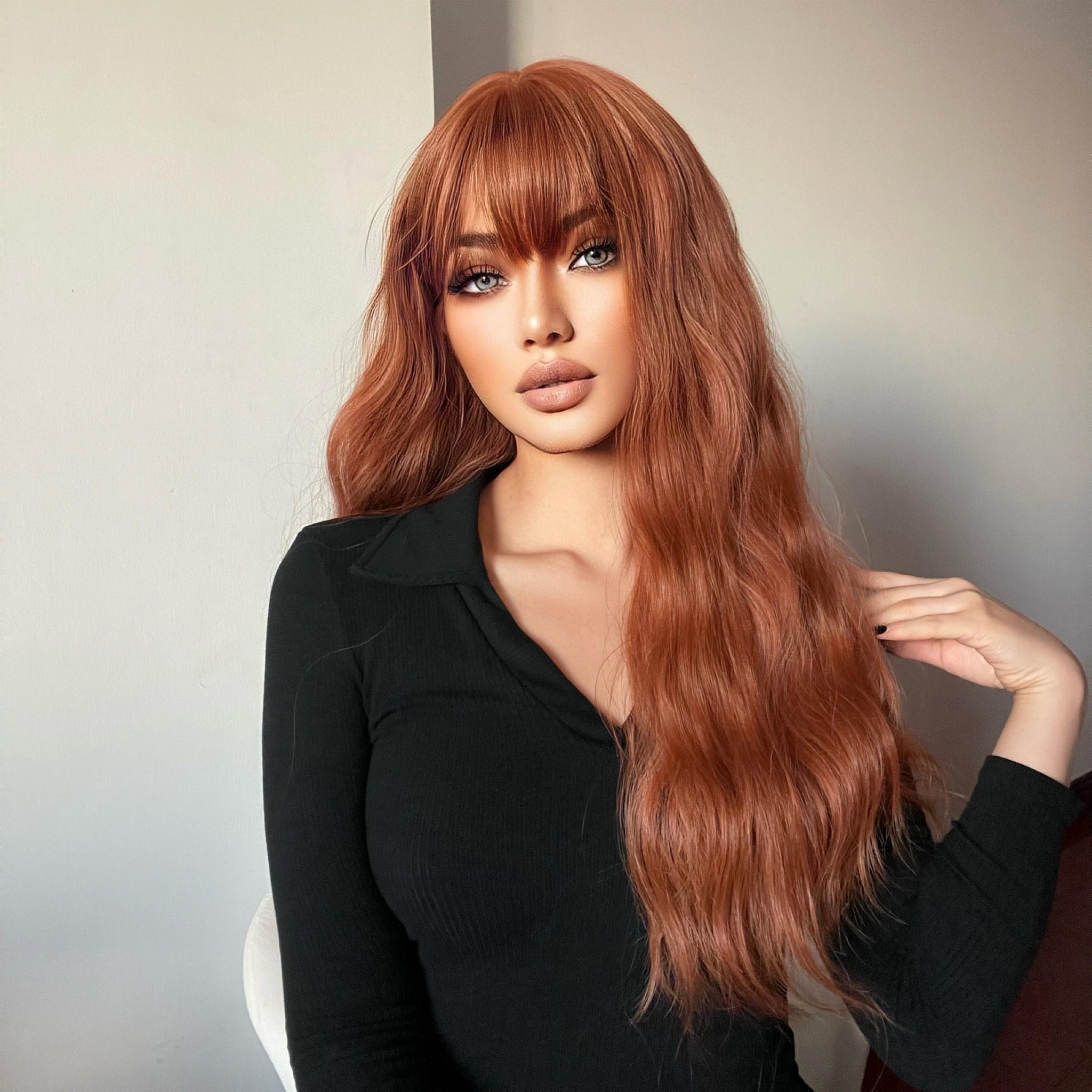 【Amber】26 Inch Copper Long Curly Synthetic HairWigs, With Bangs, for Daily, Party or Cosplay Use, Adjustable&Glueluess, USA Stocked