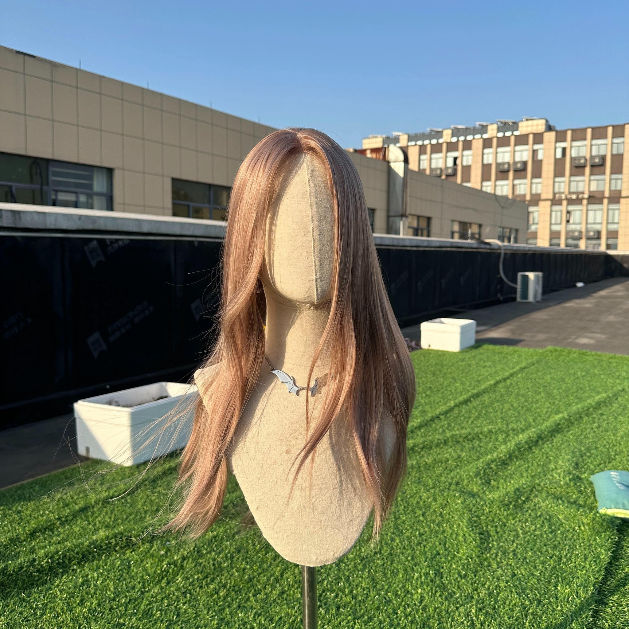 Rosé-Wigked Nano Lace 26 Inches Apricot Dusty Pink, Layered Long Style, Middle Part with Baby Hairs.