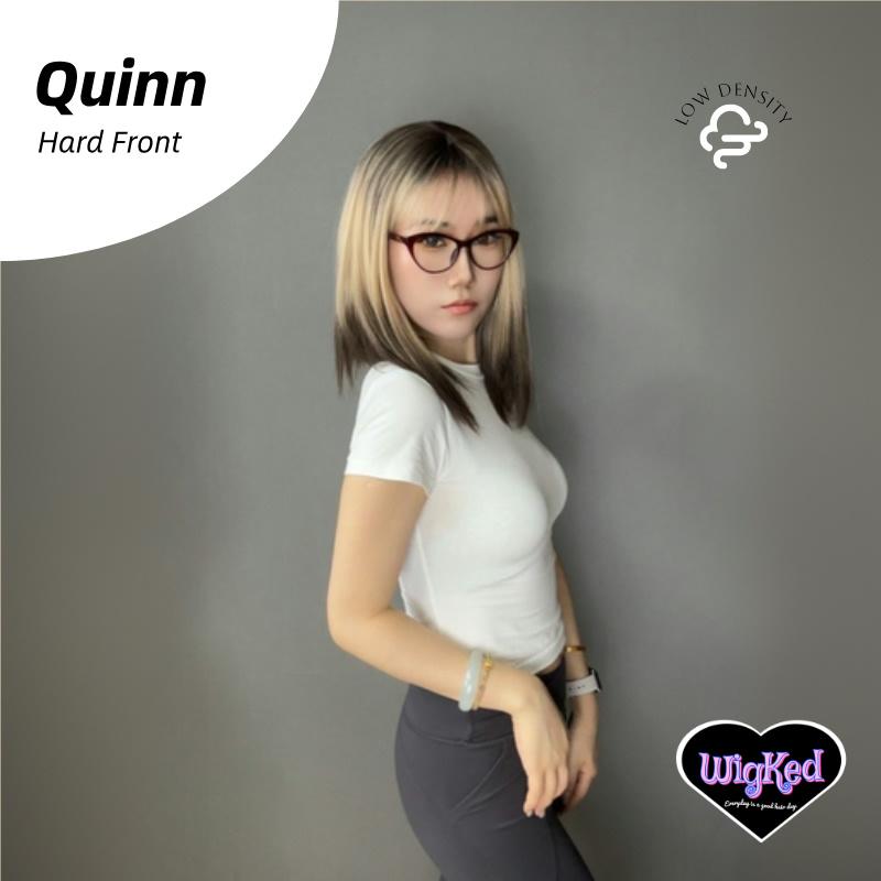 【Quinn】16 Inch Reverse Ombre Blonde to Black Shoulder Length Straight Synthetic HairWigs, With Straight Bangs and Dark Roots, for Daily, Party or Cosplay Use, Adjustable&Glueluess, USA Stocked