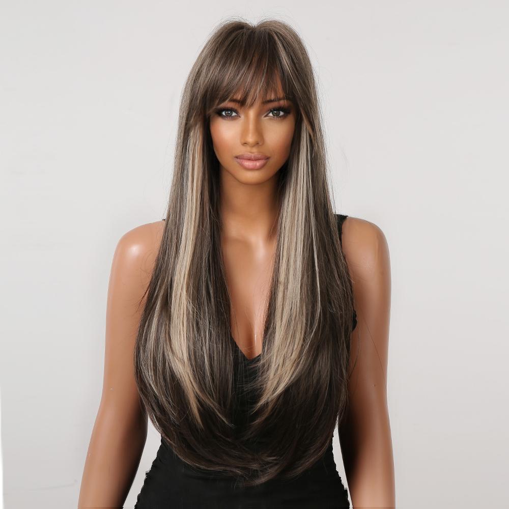【Pepper】26 Inch Salt and Pepper Straight Style Long Synthetic HairWigs, With Curtain Bangs, for Daily, Party or Cosplay Use, Adjustable&Glueluess, USA Stocked