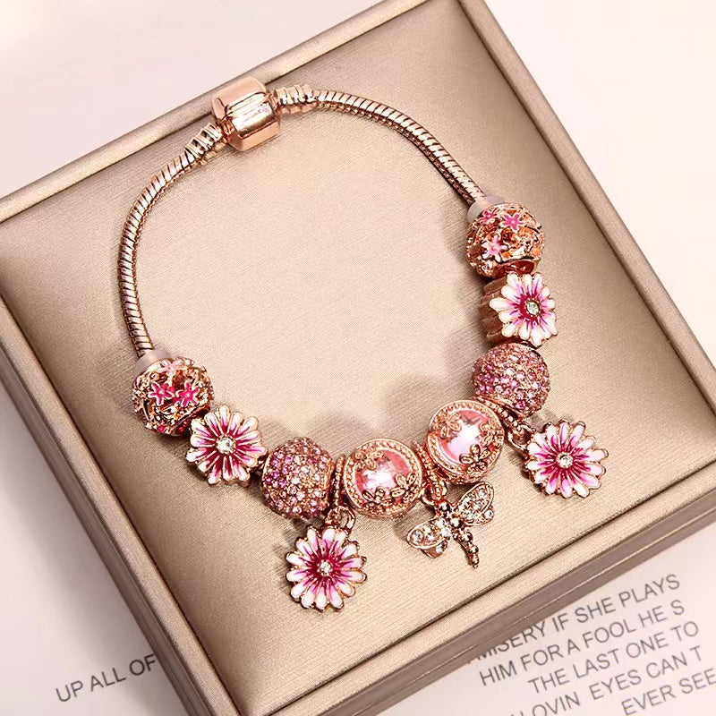 【B0104】Romantic small daisy dragonfly rose gold bracelet