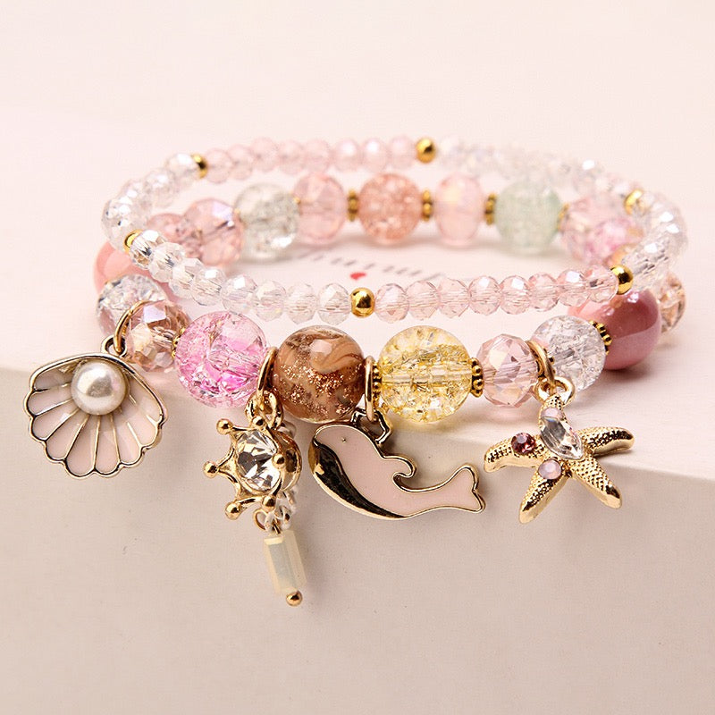 【B0097】Natural freshwater pearl braceletMarine style dolphin shell crystal bead bracelet